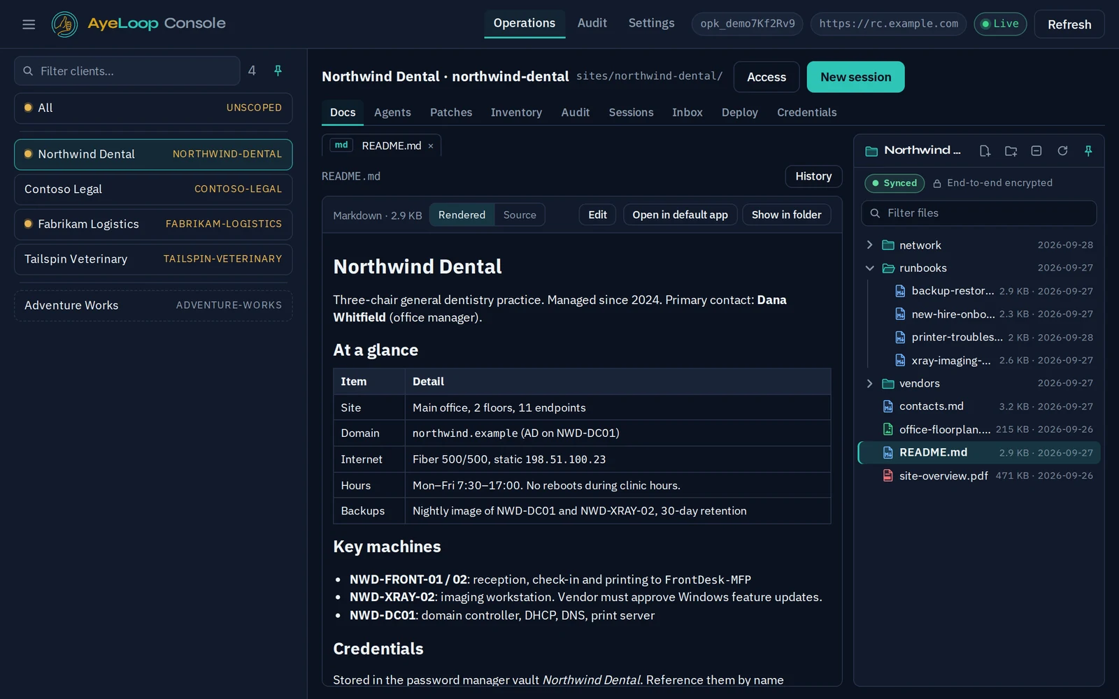 A client's documentation space, synced and end-to-end encrypted